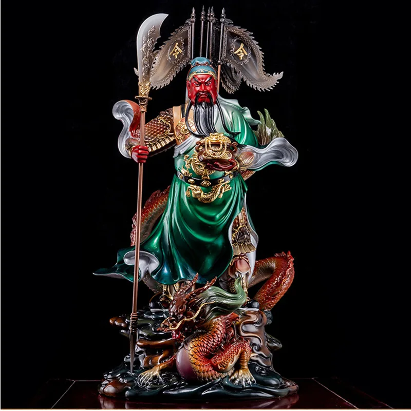Tiszta sárgaréz lovaglósárkány Guan Yu szerencseszobor